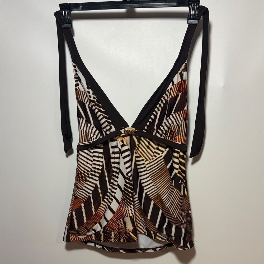 Anne Cole Black, White and Brown Printed V-Neck Swim Tankini top.